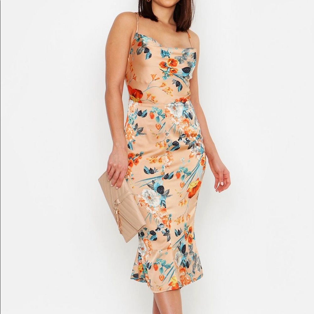 BOOHOO Satin Floral Cowl Flute Hem Slip Dress